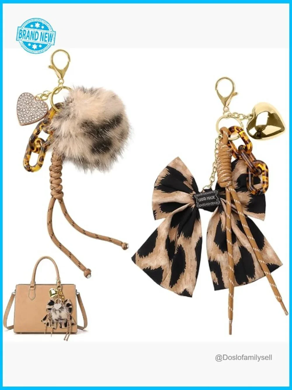 Leopard Print Keychain Set Gold Heart Pom Pom Tassels Bag Charms Accessories